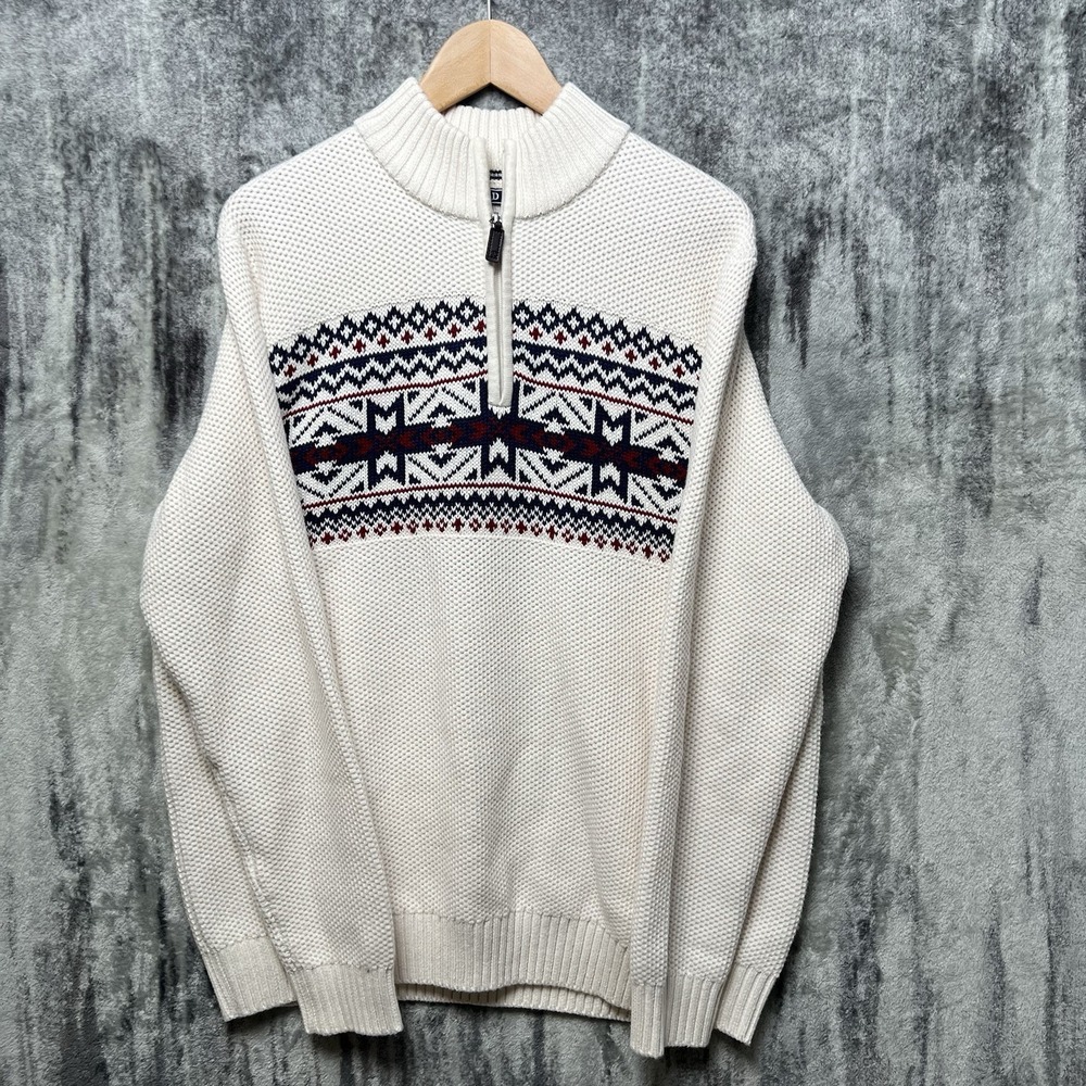 IZOD Sweater Mens L Nordic Fair Isle 1/4 Zip Pullover Winter Knit Pattern
